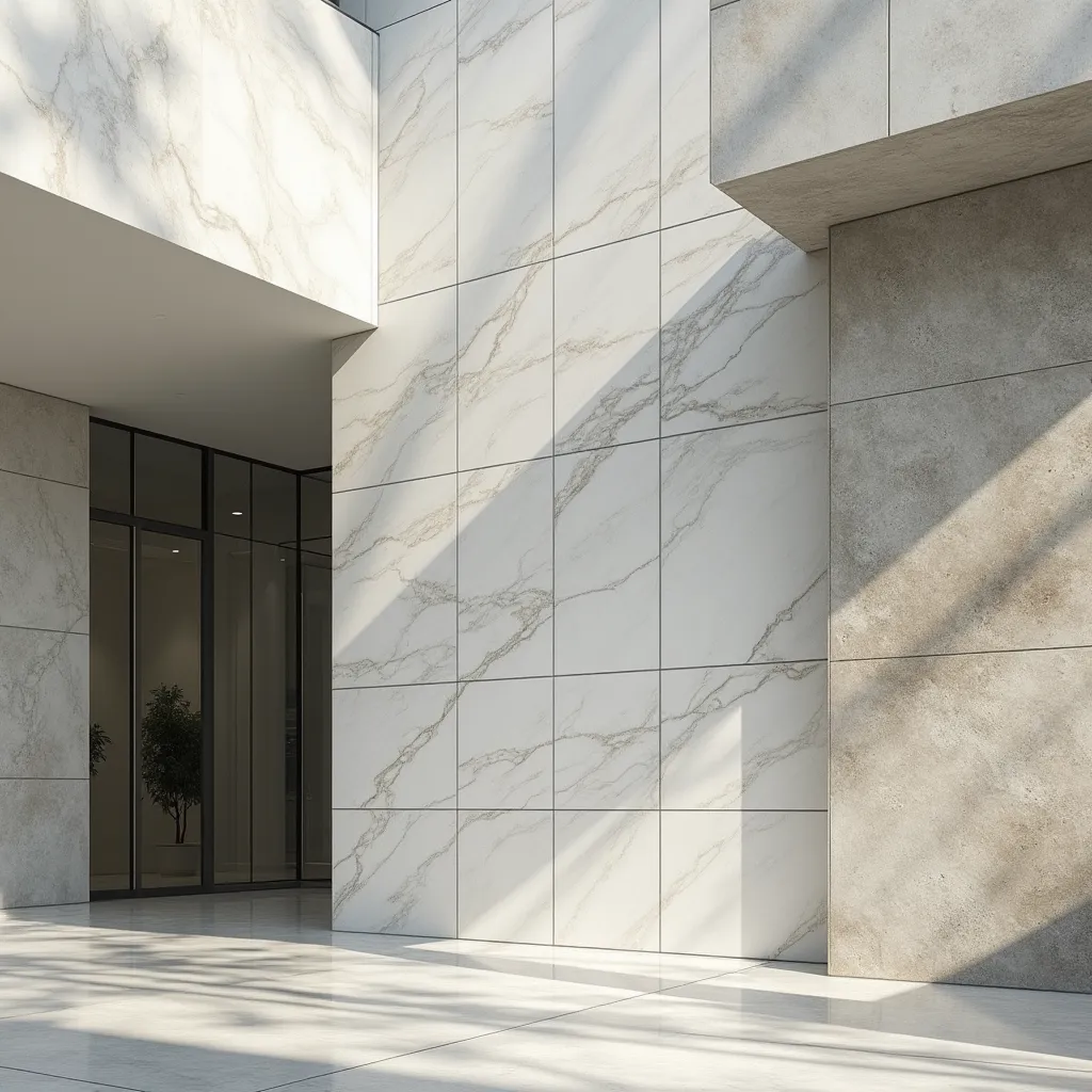 White marble facade with stone column and glass entrance