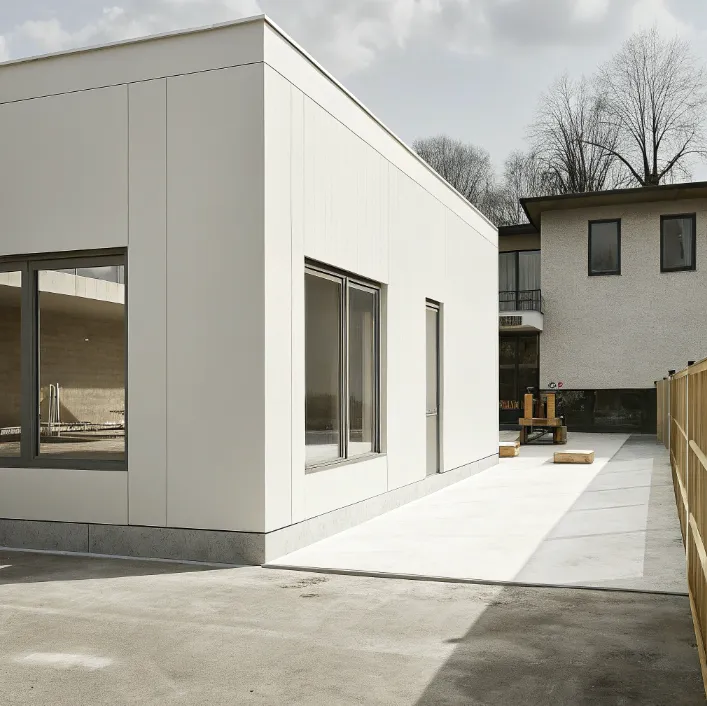 Minimalist white building exterior with large windows